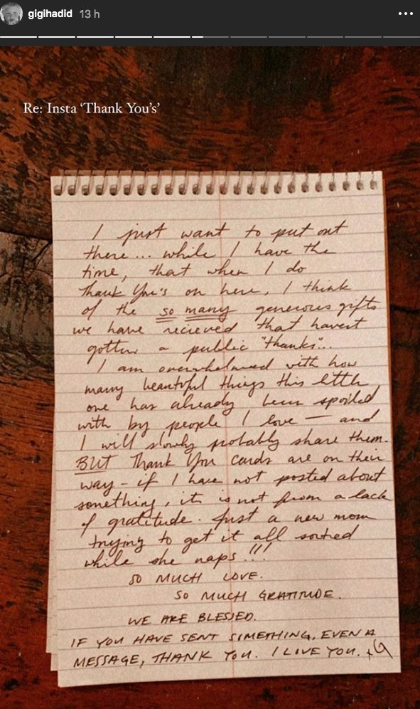 Gigi Hadid compartió una carta escrita de su puño y letra | Foto: Instagram