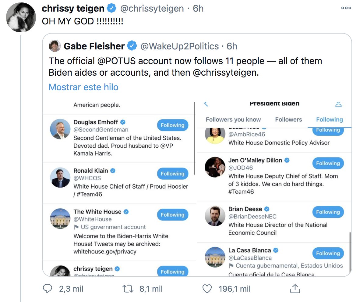 La reacción de Chrissy Teigen al descubrir que Joe Biden le había dado follow | Foto: Twitter