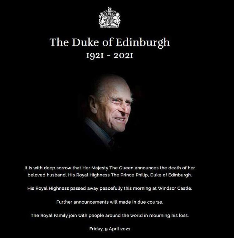 Comunicado de la Casa Real Británica sobre la muerte del Duque de Edimburgo
