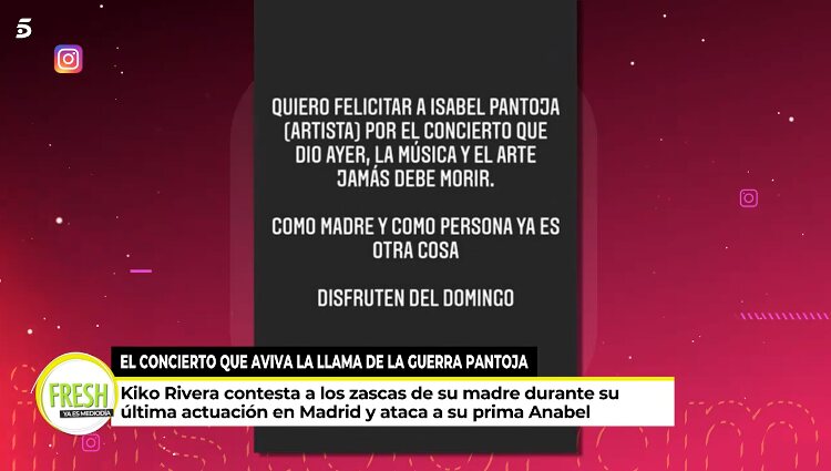 Kiko Rivera responde a su madre Isabel Pantoja tras el concierto en Jerez | Foto: Telecinco.es 