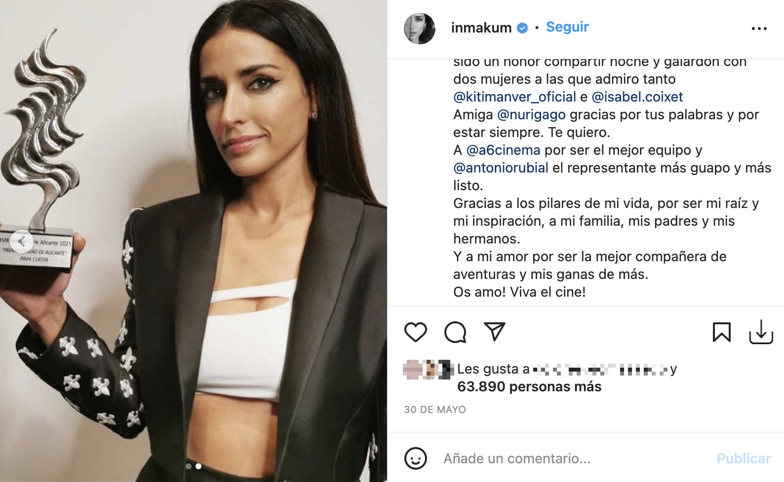 Inma cuesta habló por primera vez de su pareja en mayo de este 2021 | Foto: Instagram