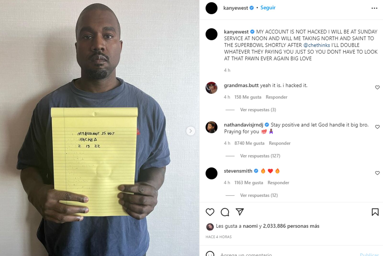 Kanye West asegurando que su cuenta no fue hackeada y que es él el que publica los post | Foto: Instagram
