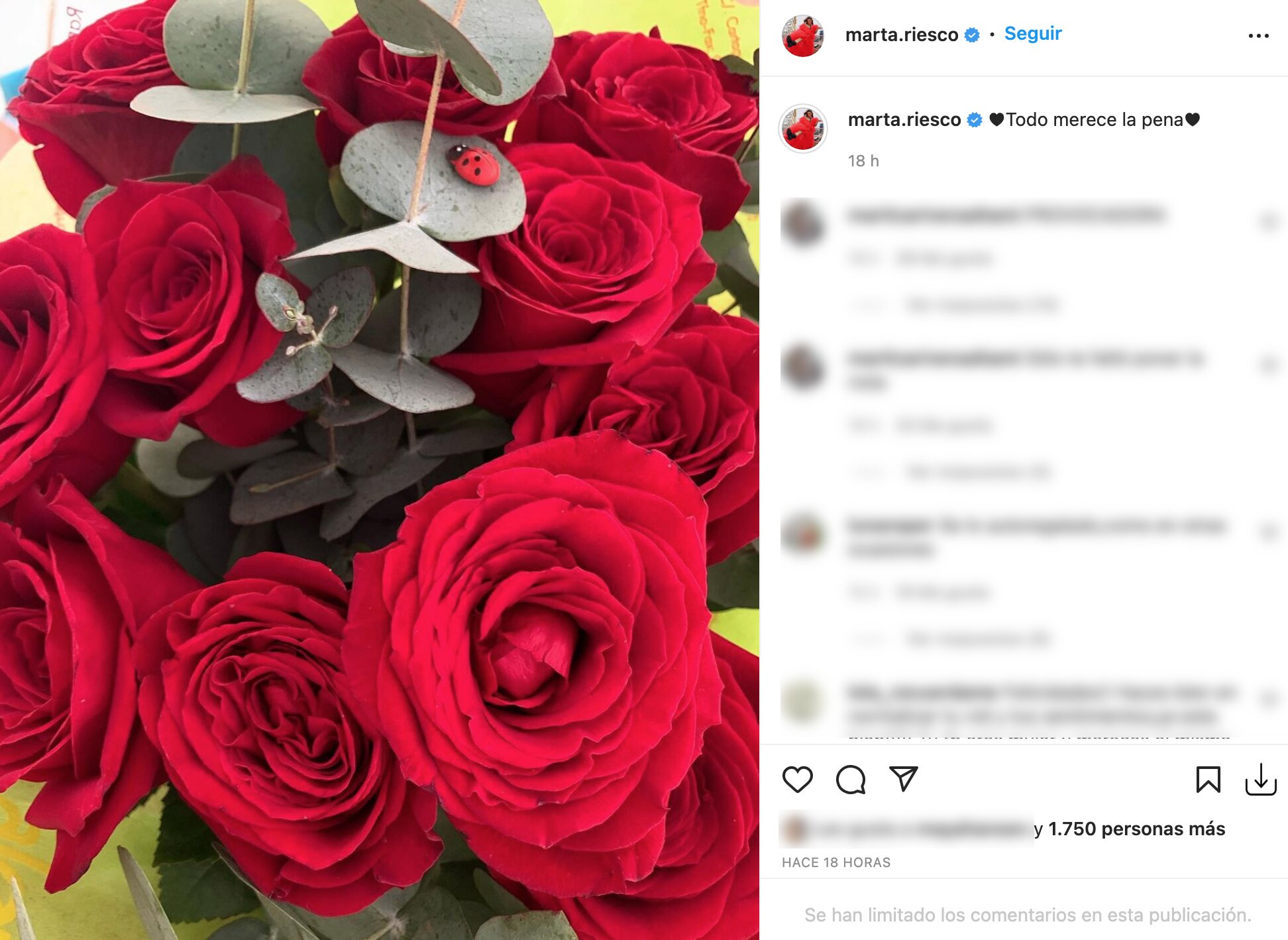 Marta Riesco presume en Instagram de las flores que Antonio David le envió al trabajo | Foto: Instagram