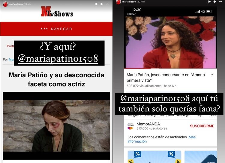 Las capturas que Marta Riesco ha compartido para defenderse de María Patiño/ Foto: Instagram