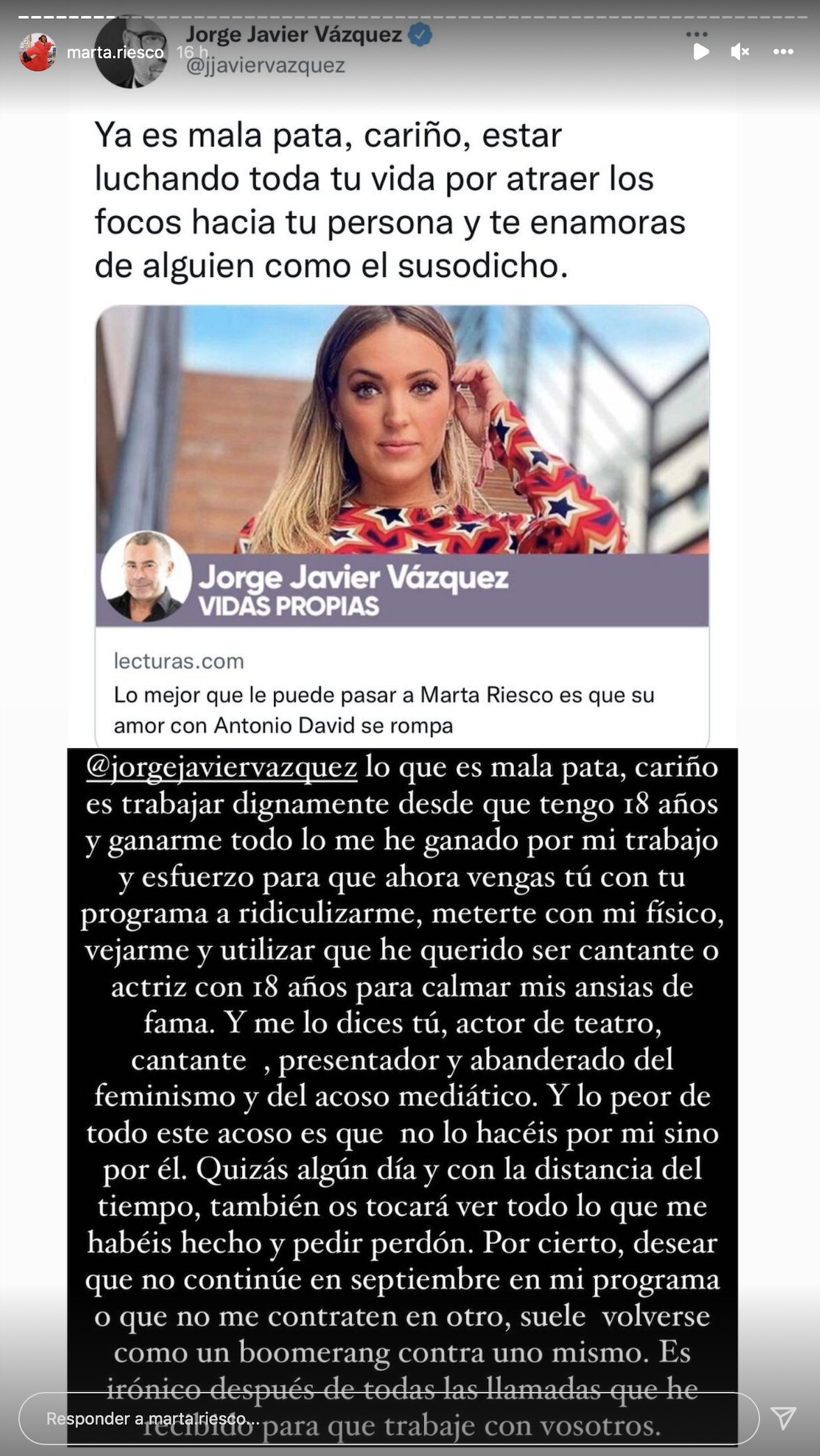 Marta Riesco responde a Jorge Javier Vázquez/ Foto: Instagram
