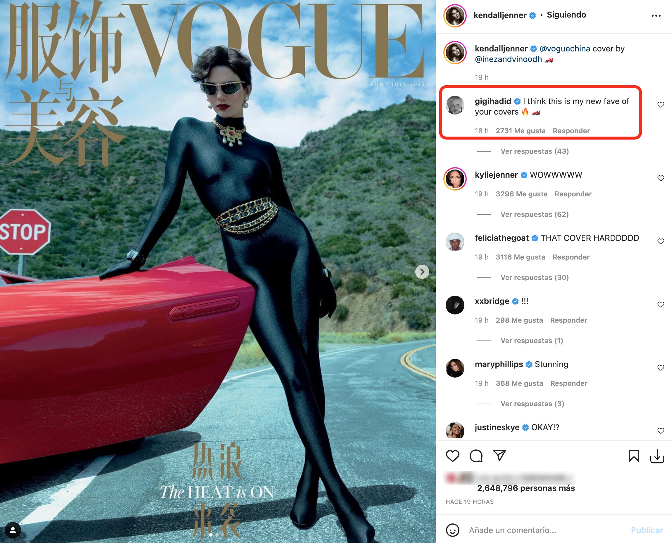 A Gigi Hadid le encanta la nueva portada de Kendall Jenner para Vogue | Foto: Instagram