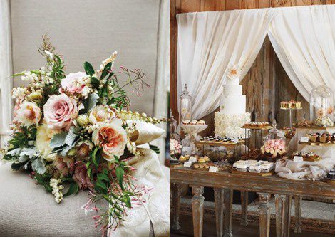 El ramo de flores de novia y postres de la boda