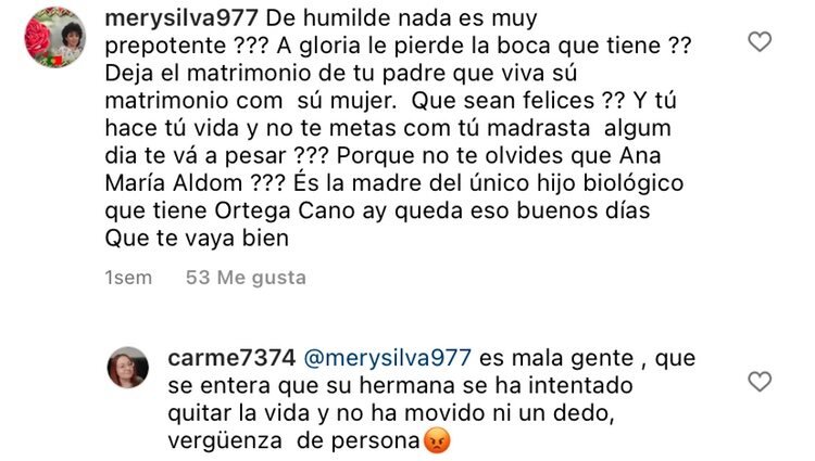 Algunos de los comentarios que recibe Gloria Camila por Instagram | foto: Instagram