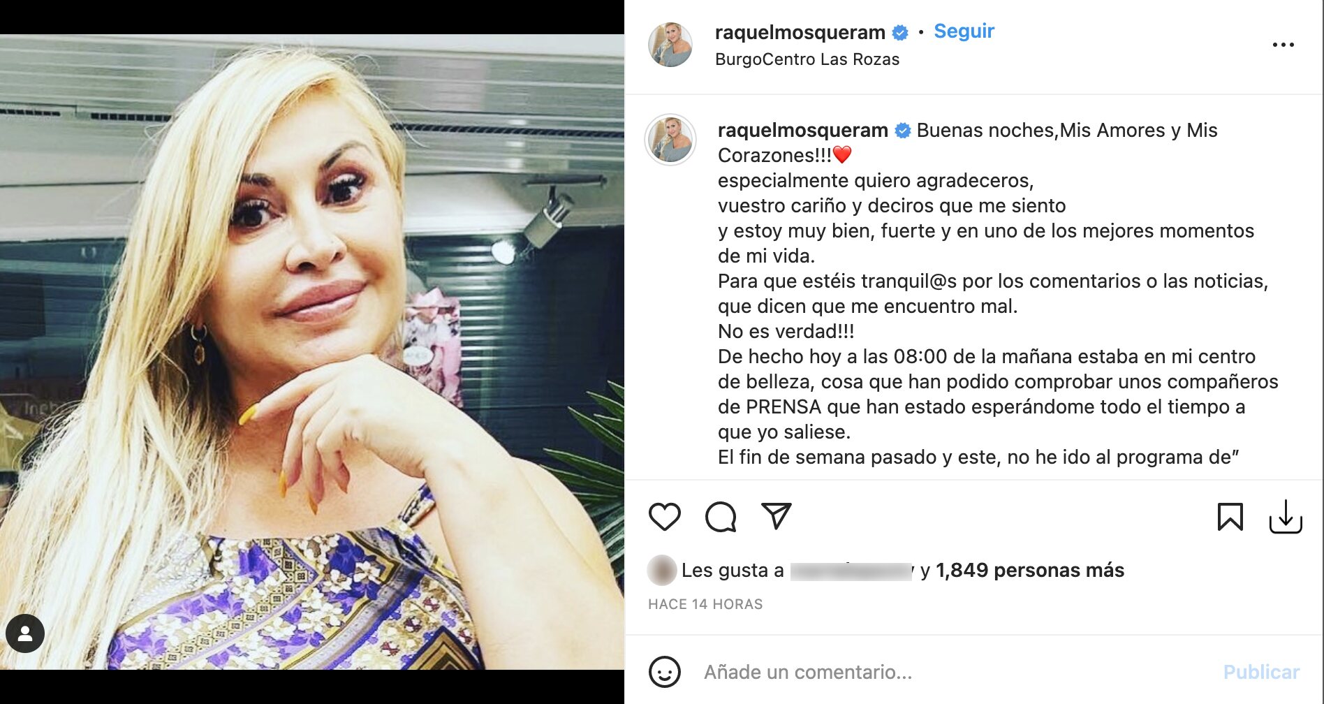 Raquel Mosquera niega estar otra vez mal de su salud mental | Foto: Instagram
