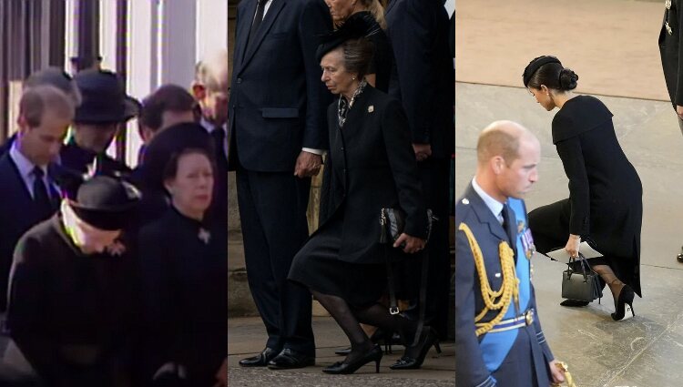 Isabel II inclinando su cabeza ante el féretro de Lady Di (izq) y la Princesa Ana y Meghan Markle haciendo la reverencia ante el ataúd de la Reina (centro y dcha)