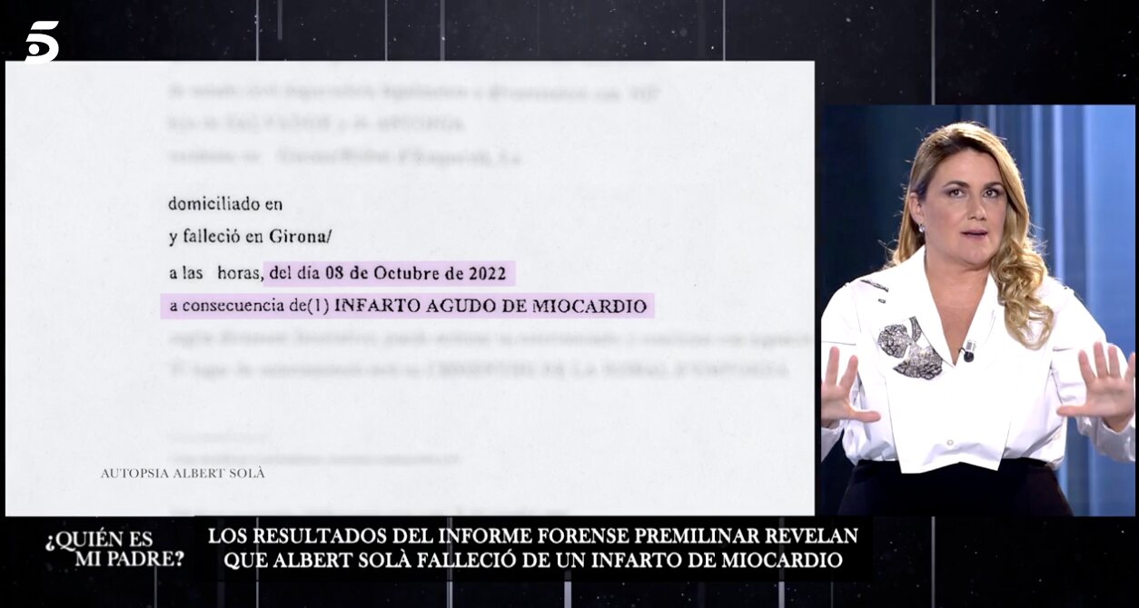 El programa 'Quién es mi padre' muestra el informe premilinar de </p><p>la autopsia de Albert Solà | Foto: Telecinco.es