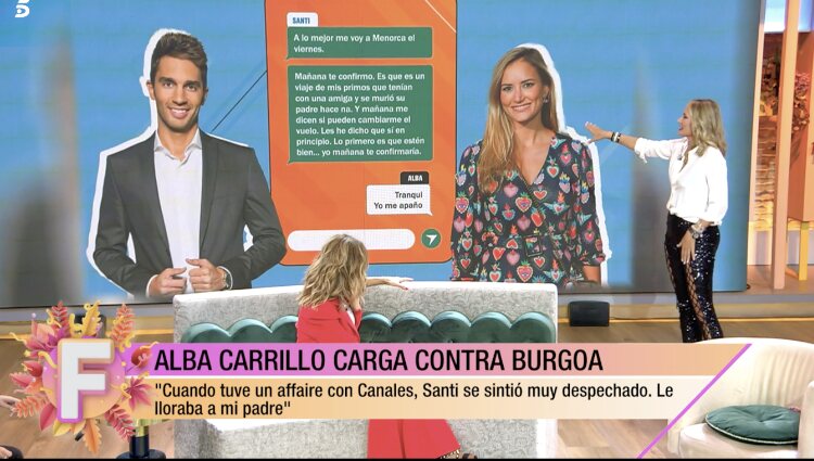 Alba Carrillo muestra la conversación donde Santi Burgoa le dice que se va a Menorca con amigos |Foto: Telecinco