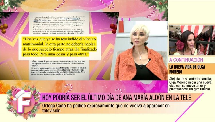 Ana María Aldón, estupefacta ante la posible demanda de Ortega Cano | Foto: Telecinco