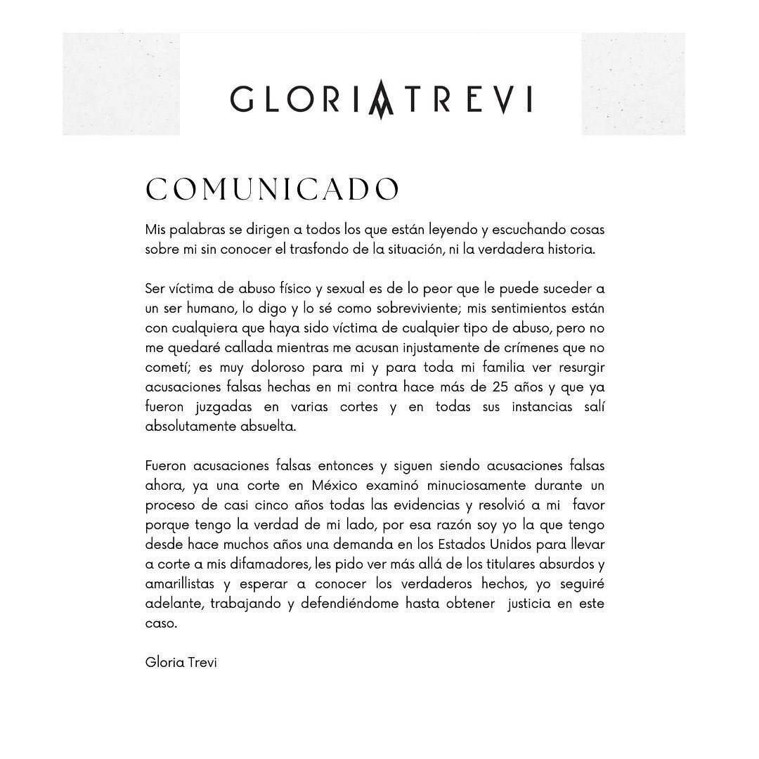 El comunicado de Gloria Trevi en sus redes sociales / Foto: Instagram