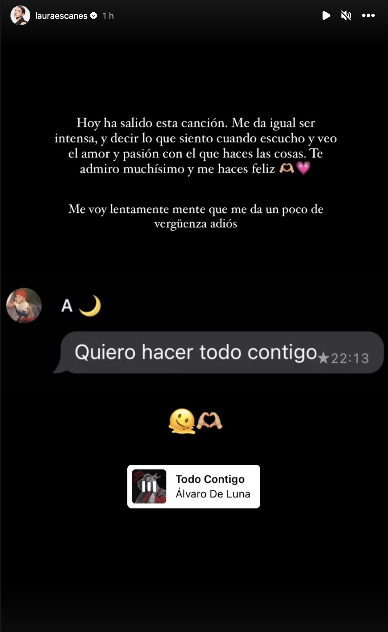 La reacción de Laura Escanes a la canción de Álvaro de Luna/ Foto: Instagram