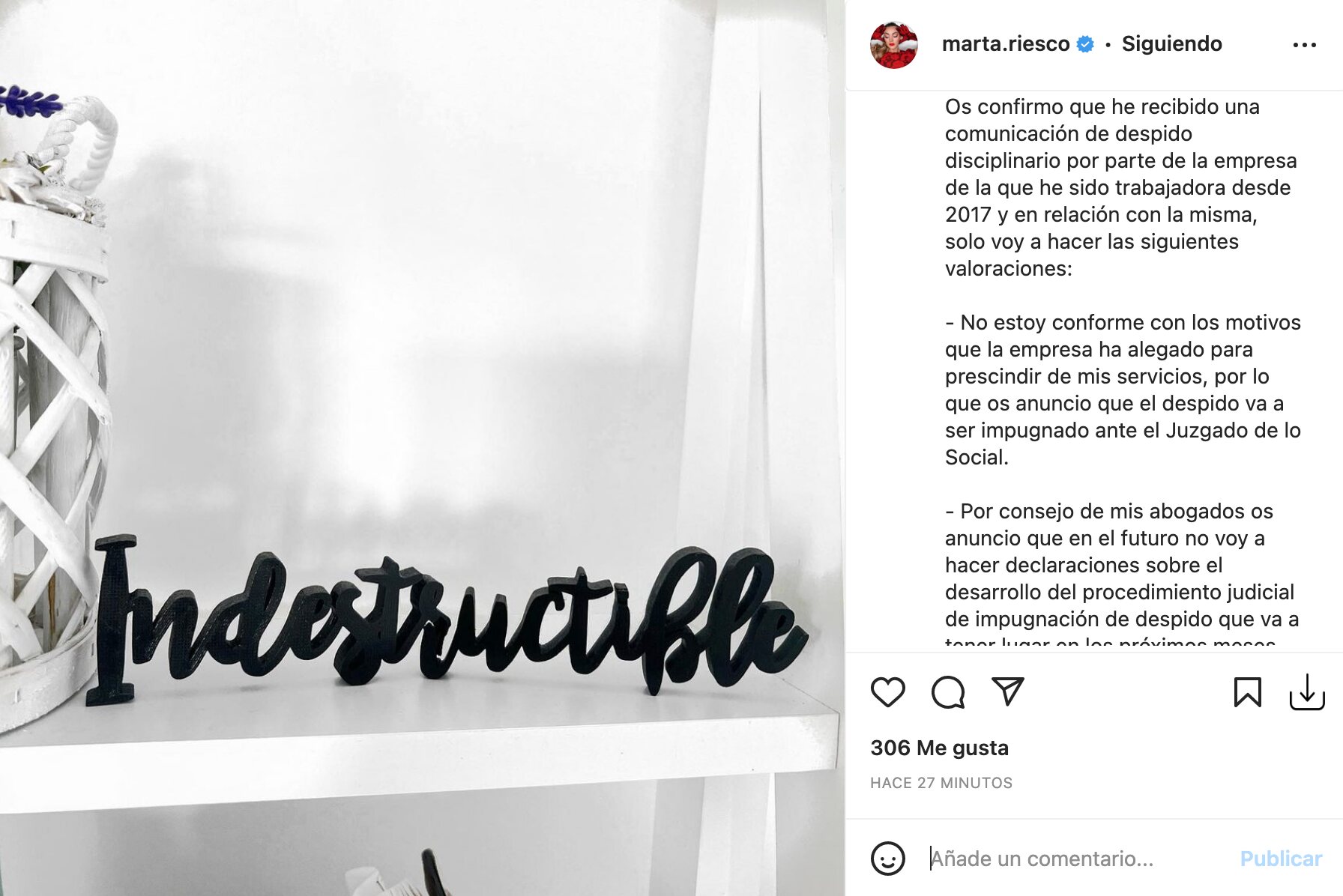 Marta Riesco ha confirmado su despido a través de sus redes sociales | Foto: Instagram