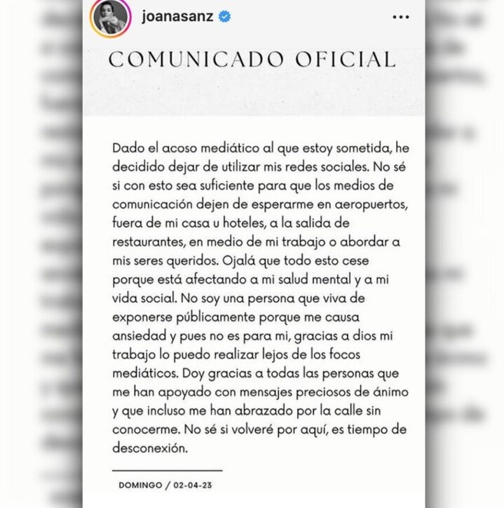 Comunicado de Joana Sanz cuando el 2 de abril anunció que se iba de las redes sociales/ Foto: Instagram