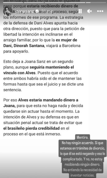 Joana Sanz afirma que el divorcio no se ha firmado porque Alves no quiere/ Foto: Instagram
