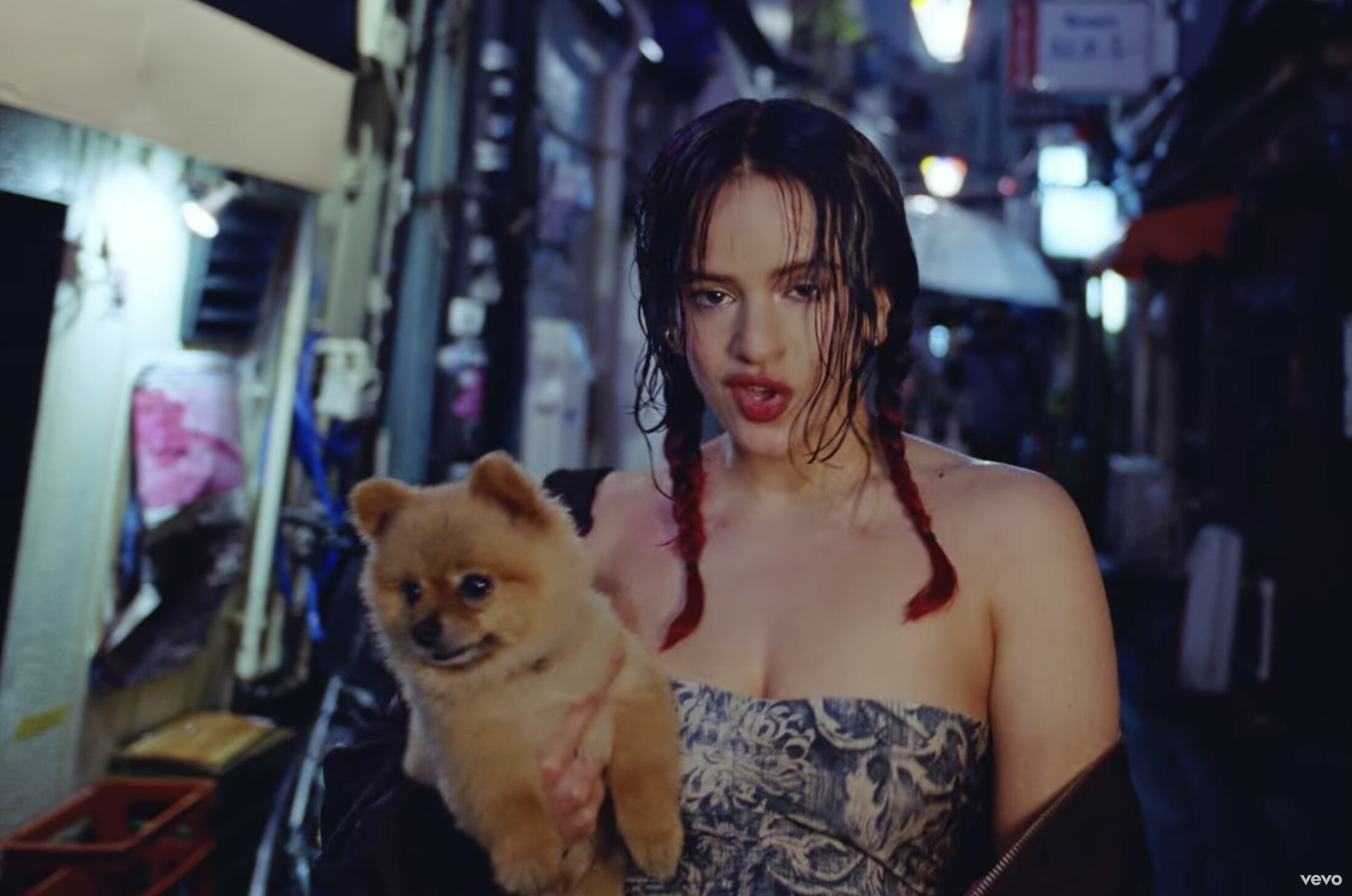 Rosalía con un perro en el videoclip de 'Tuya'