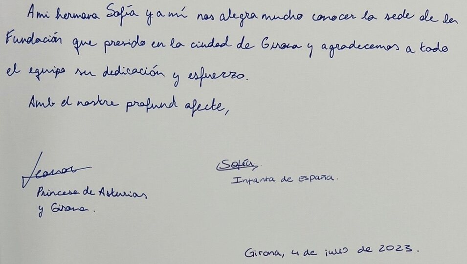 Dedicatoria escrita por la Princesa Leonor en la sede de la Fundación Princesa de Girona