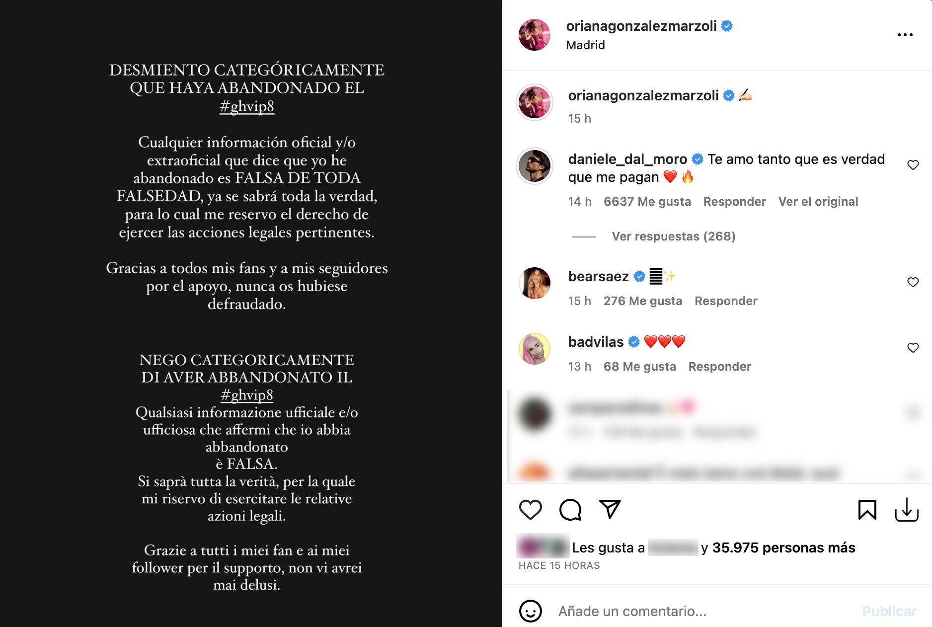 El primer comunicado de Oriana negando su abandono en 'GH VIP' | Foto: Instagram