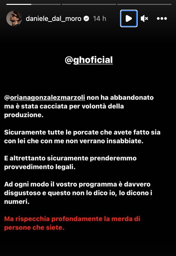 Daniele Dal Moro también denuncia que Oriana no abandonó 'GH VIP' | Foto: Instagram