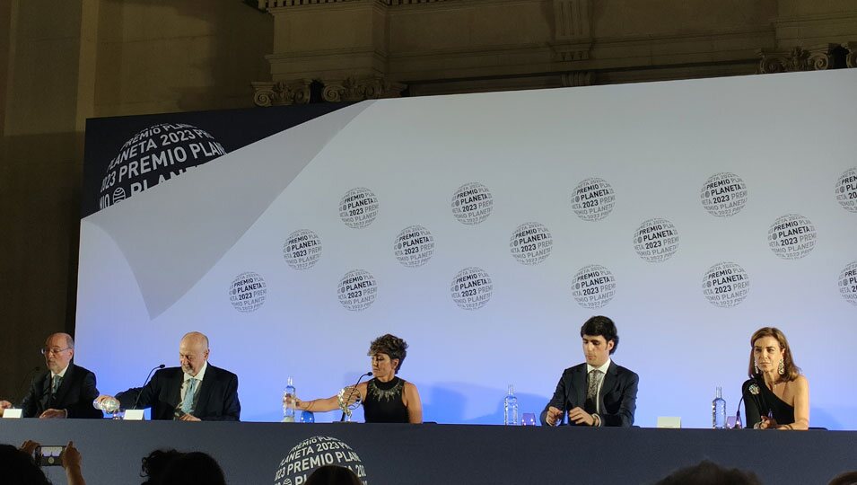 Juan Eslava Galán, Sonsoles Ónega, Alfonso Goizueta y Carmen Posadas en la rueda de prensa posterior a la entrega del Premio Planeta