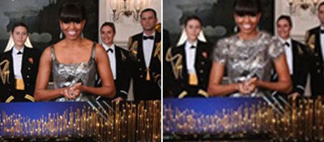 A la derecha se aprecia el cambio en el vestido de Michelle Obama