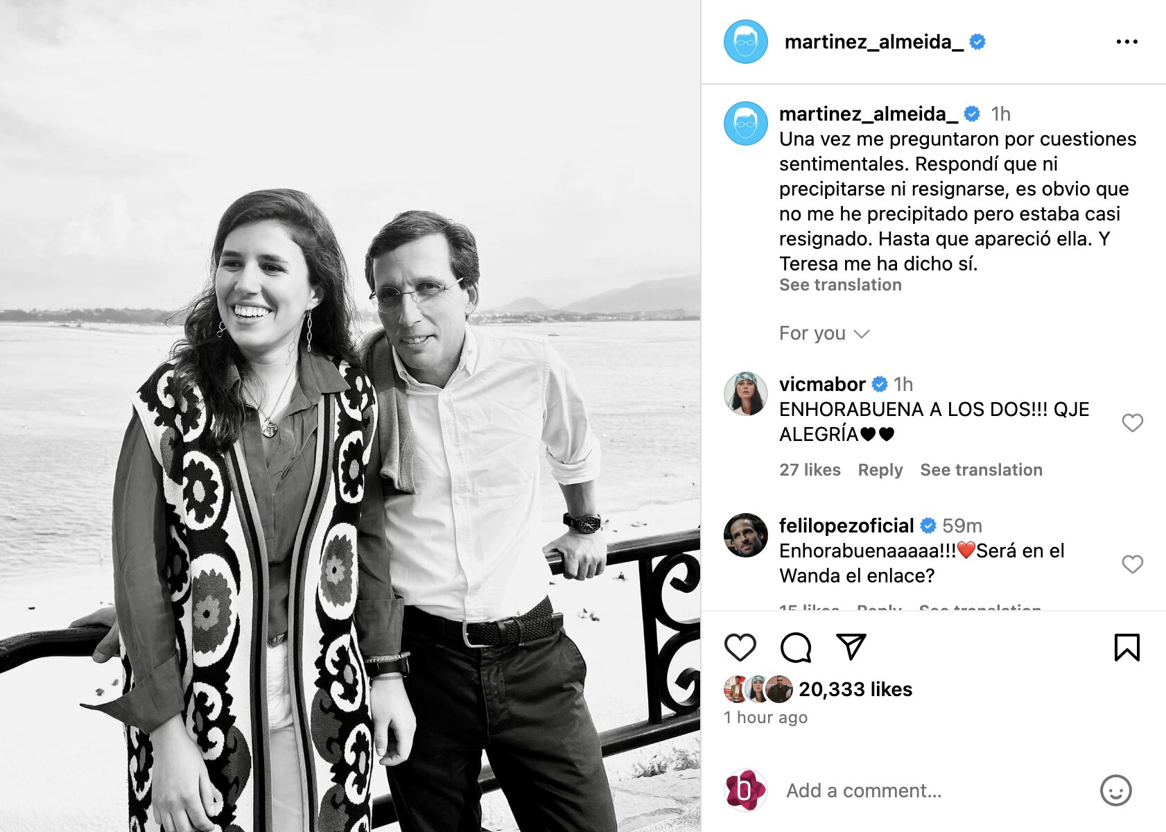 Almeida anuncia su compromiso con Teresa Urquijo | Foto: Instagram
