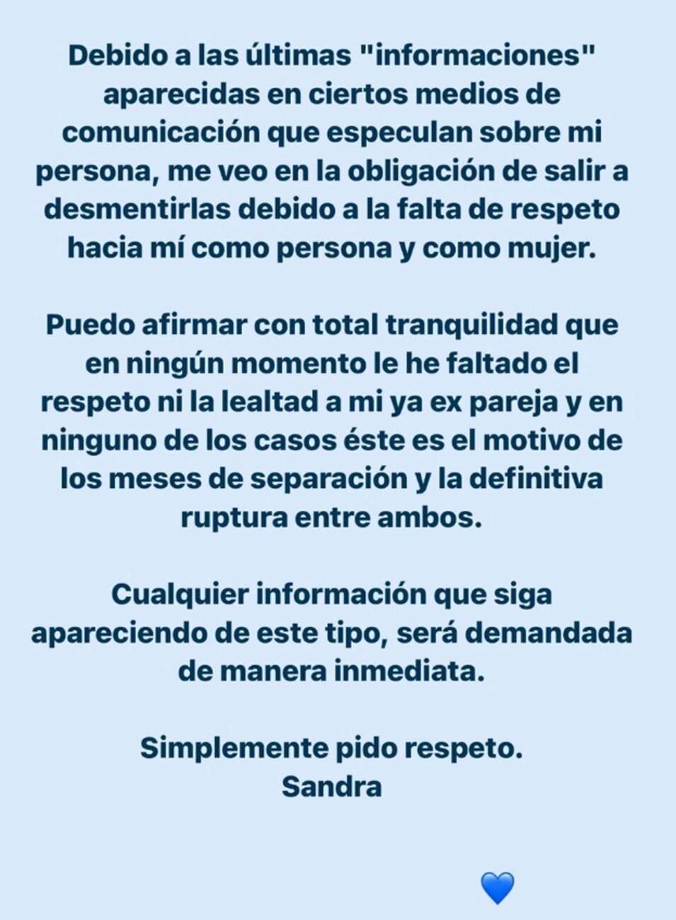 El comunicado que ha publicado Sandra Garal en sus redes sobre la ruptura con Marco Asensio | Foto: Instagram