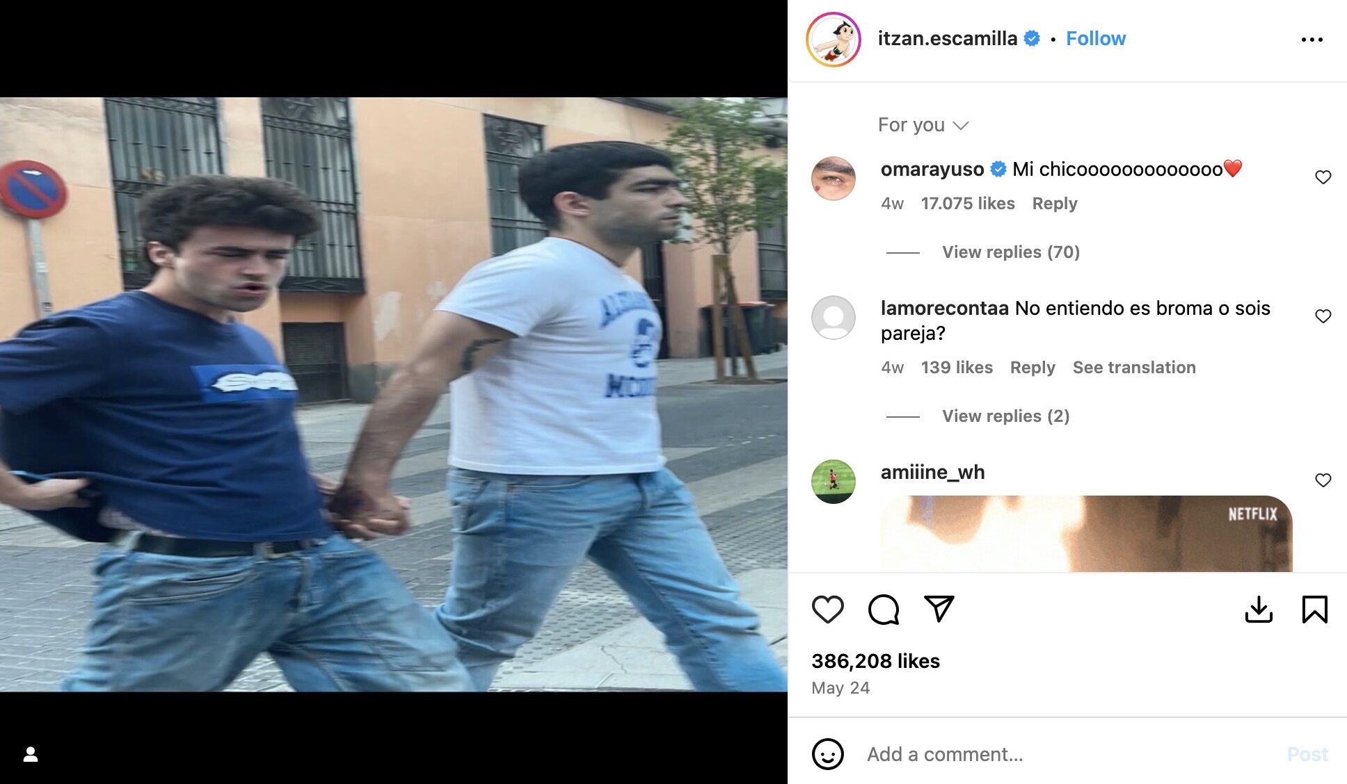 Los rumores de romance entre Omar Ayuso e Itzan Escamilla comenzaron por esta fotografía en Instagram