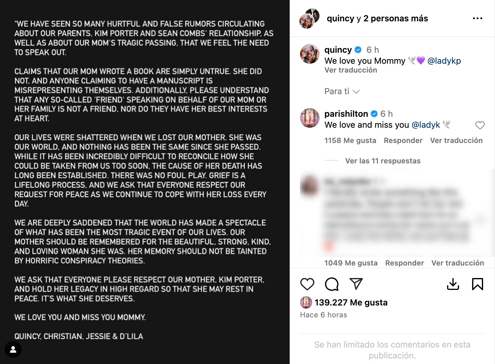 Comunicado oficial de los hijos de Kim Porter negando las memorias de su madre | Foto: Instagram