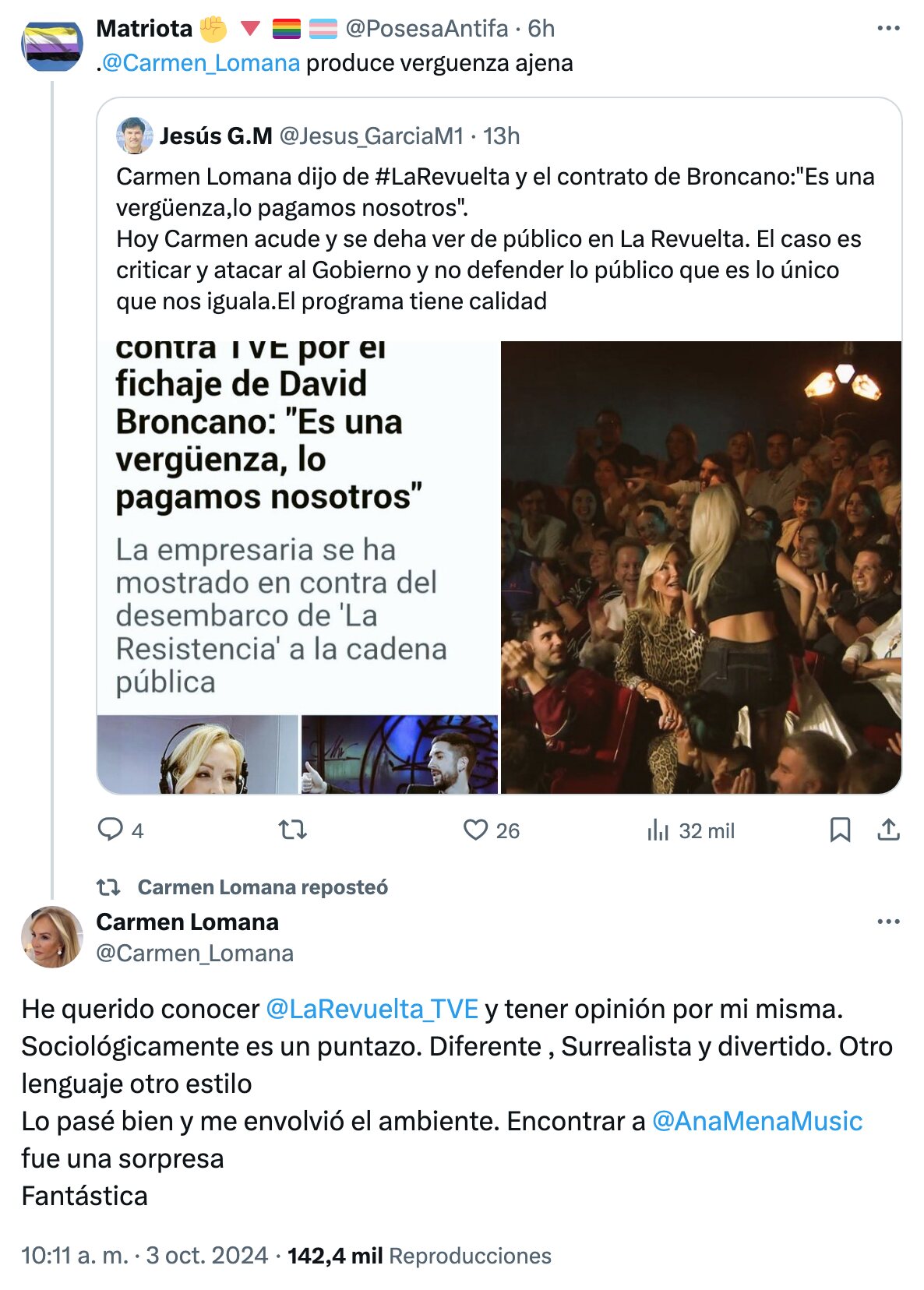 Carmen Lomana justifica su presencia entre el público de 'La Revuelta' | Foto: X