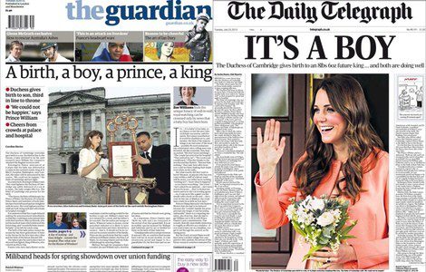 The Guardian y The Daily Telegraph celebran en sus portadas el nacimiento del 'royal baby'