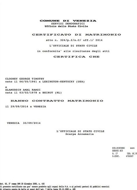 Certificado de matrimonio de George Clooney y Amal Alamuddin