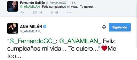 Felicitación en Twitter de Fernando Guillén Cuervo y Ana Milán