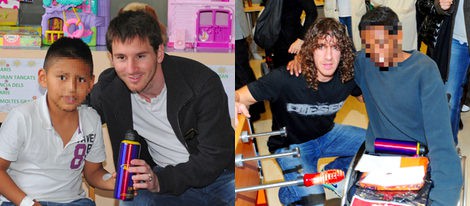 Leo Messi y Carles Puyol visitan a los niños enfermos de un hospital de Barcelona