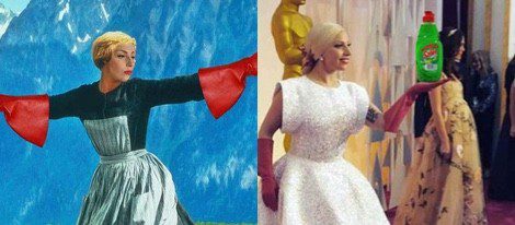 Los guantes de Lady Gaga en la noche de los premios Oscar fueron comparados con los de una señora de la limpieza
