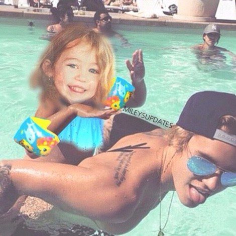 Montaje de Miley Cyrus y Justin Bieber en la piscina