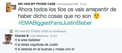 Retuit y tuit de Andrea Janeiro sobre Justin Bieber