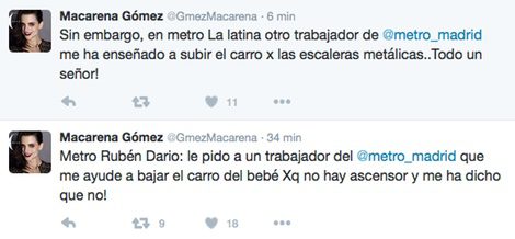 Mensajes de queja y agradecimiento de Macarena Gómez en Twitter