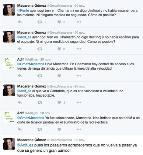 La queja de Macarena Gómez contra Renfe y ADIF en Twitter