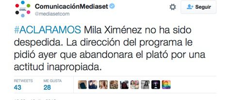 Aclaración de Mediaset España sobre Mila Ximénez en Twitter