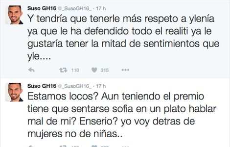 Respuesta en Twitter de Suso a Sofía tras su entrevista en 'Cazamariposas'