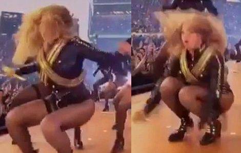 Beyoncé a punto de caerse durante su actución en la Super Bowl 2016