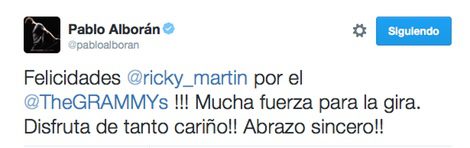 Pablo Alborán felicita a Ricky Martin por su Grammy en Twitter