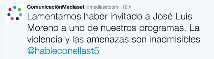 Comunicado en Twitter de Mediaset España