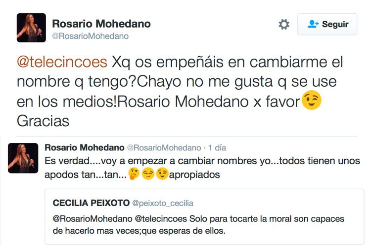 Tuit de Rosario Mohedano a Telecinco
