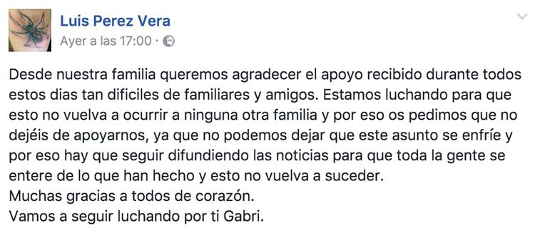 Mensaje del padre de Gabriel Pérez en Facebook
