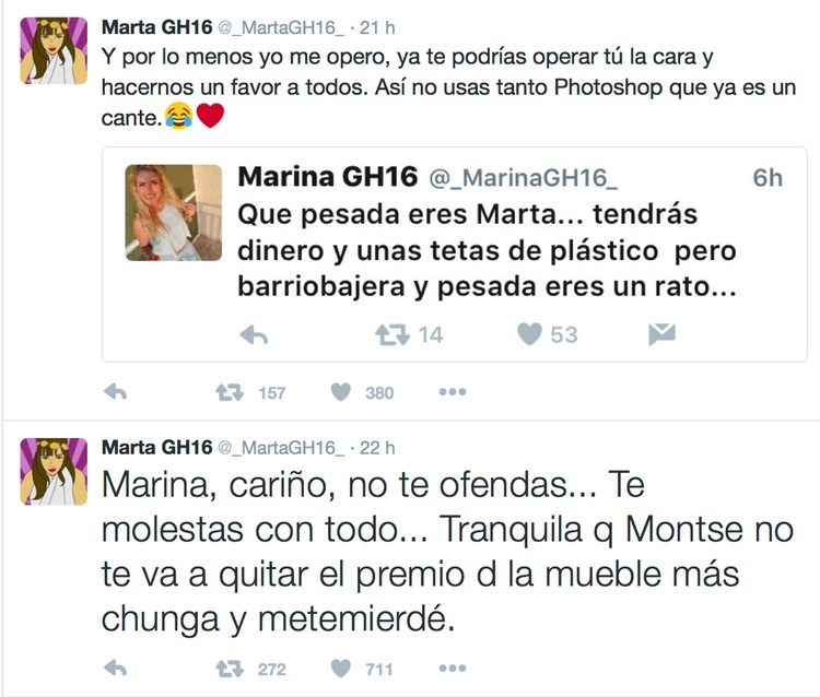 Cruce de acusaciones entre Marta y Marina de GH16 en Twitter